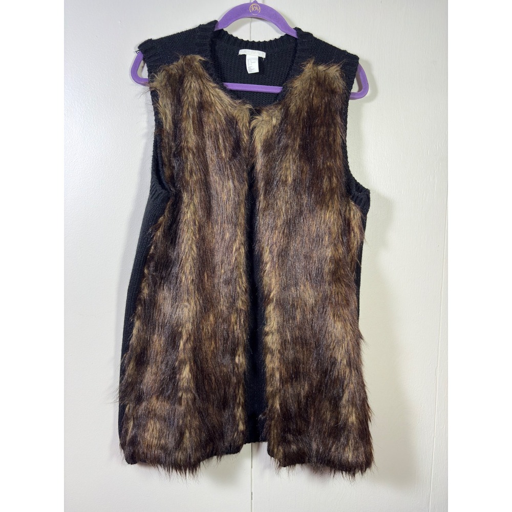 H&M Faux Fur Front Knit Back Vest Black Brown L Mob Wife Whimsy Boho Y2K Indie